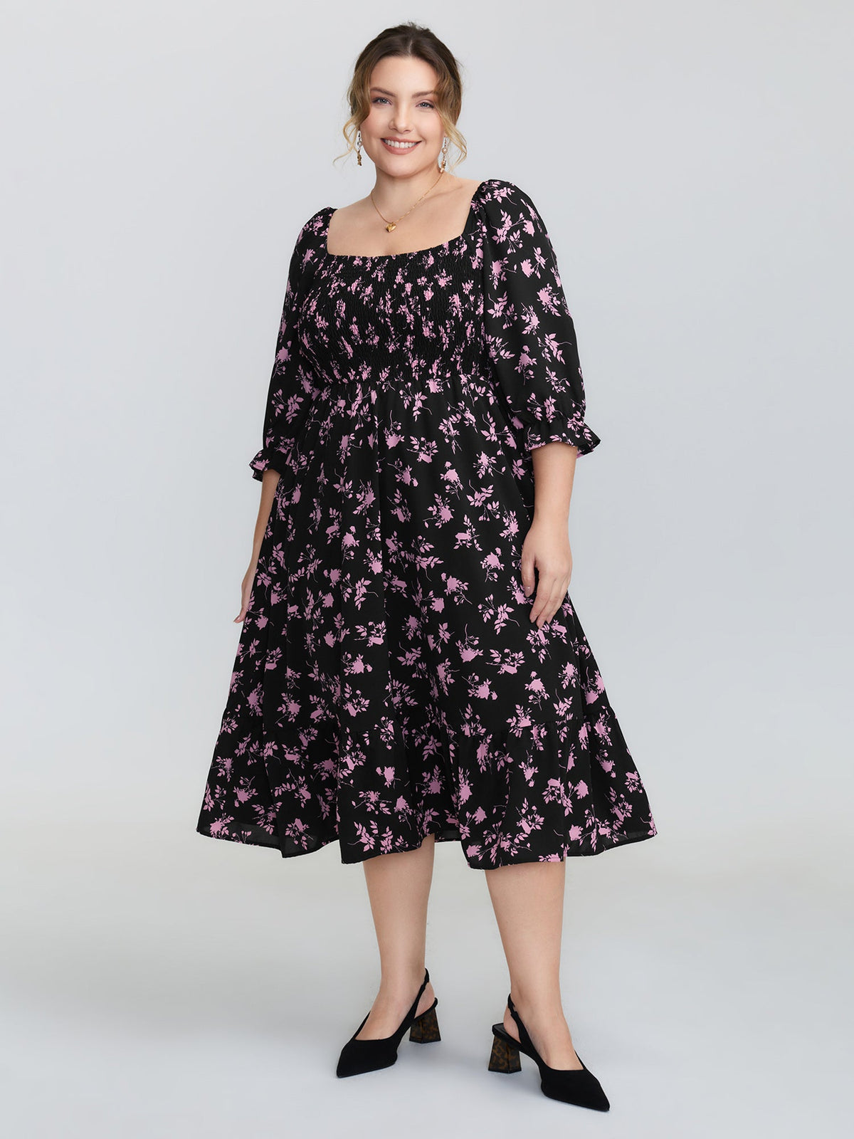 Silhouette Flower Print Shirred Stretchy Waist Midi Dress