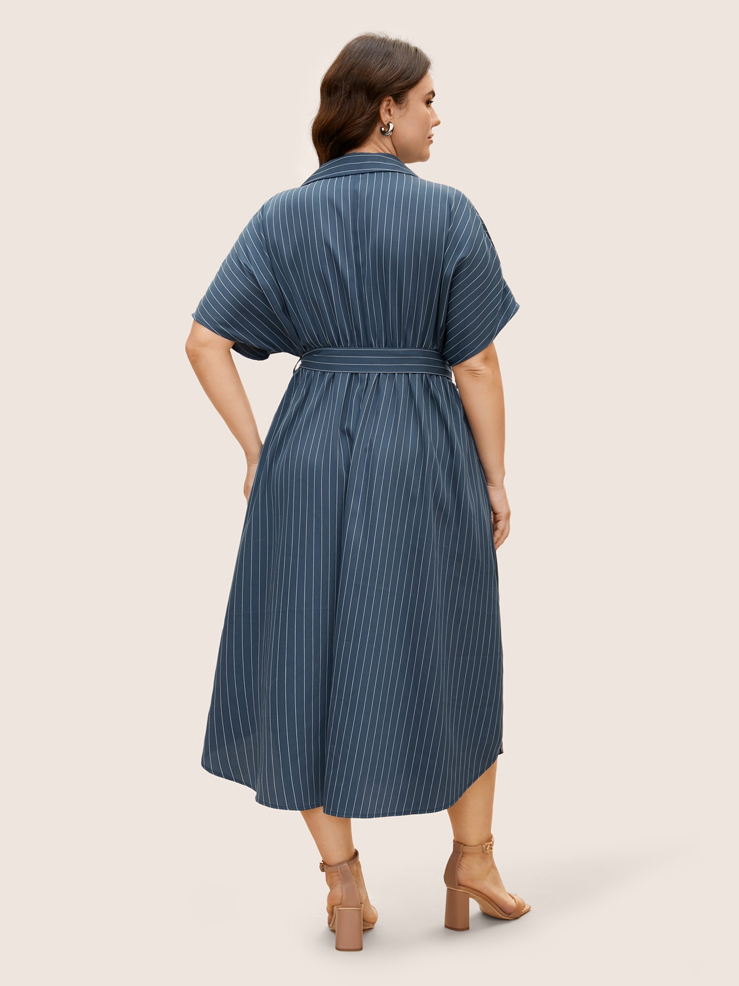 Shirt Collar Striped Curved Hem Midi Dress