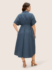 Shirt Collar Striped Curved Hem Midi Dress