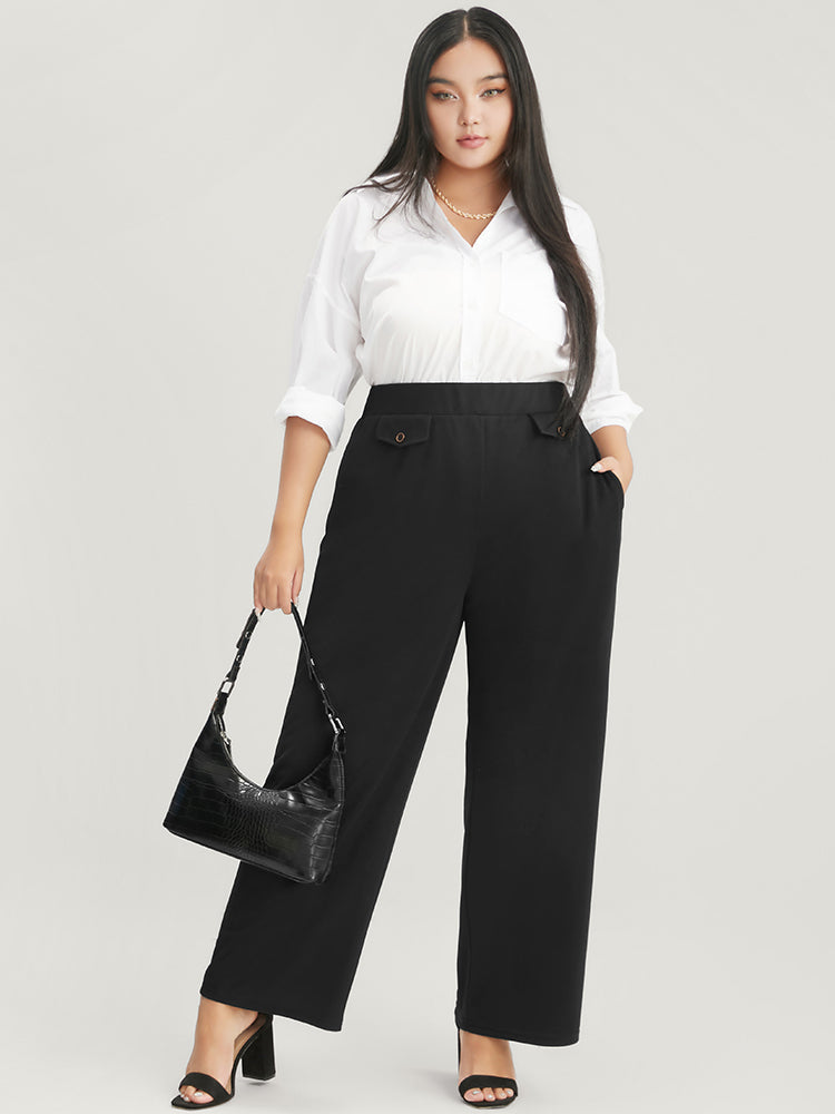 Solid Button Detail Elastic Waist Pocket Pants