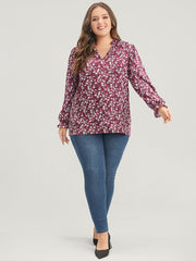 Floral Lantern Sleeve Arc Hem V Neck Blouse