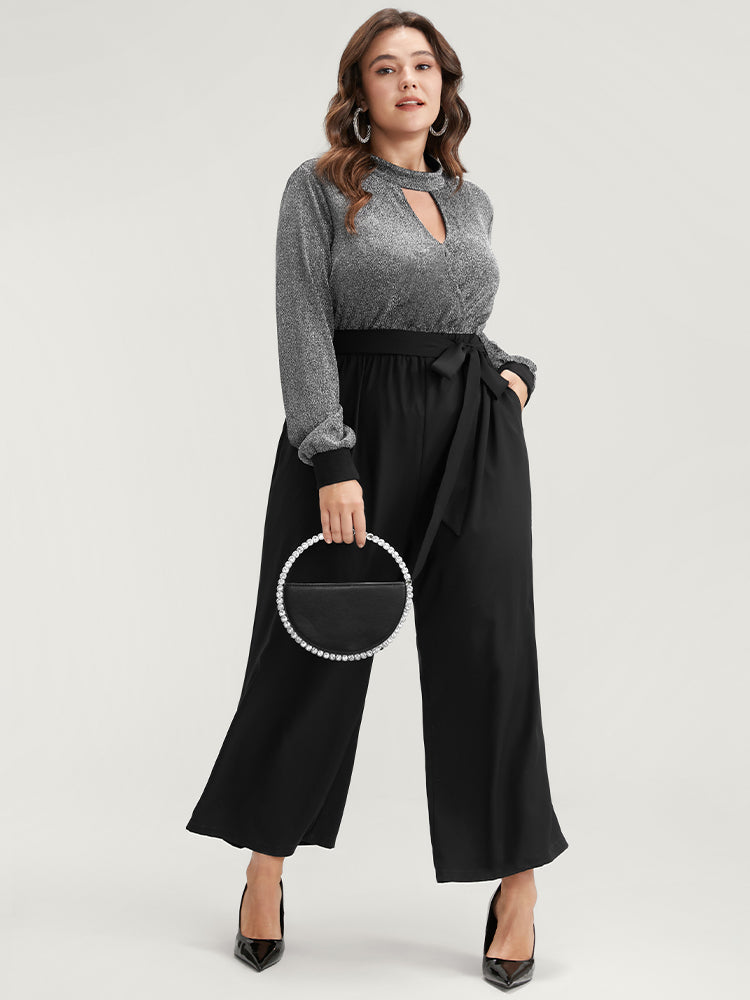 Solid Patchwork Pocket Keyhole Belted Sequin Jumpsuit