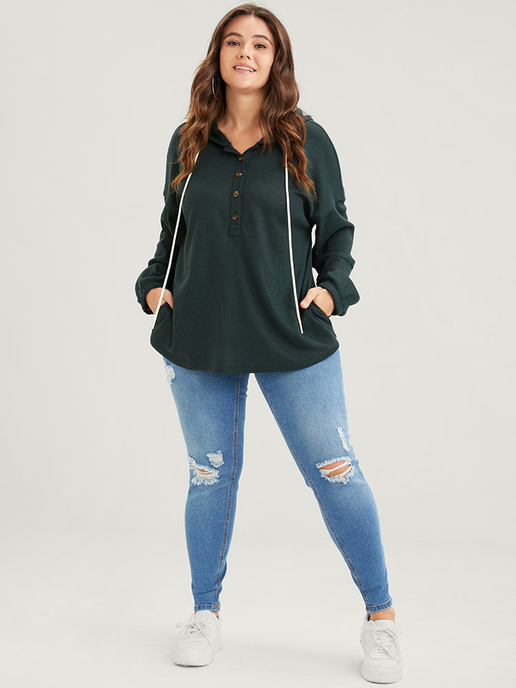 Solid Pocket Button Drawstring Waffle Knit Hooded Sweatshirt