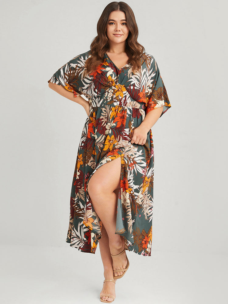 Floral V Neck Split Pleated Pocket Maxi Dress