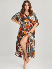 Floral V Neck Split Pleated Pocket Maxi Dress
