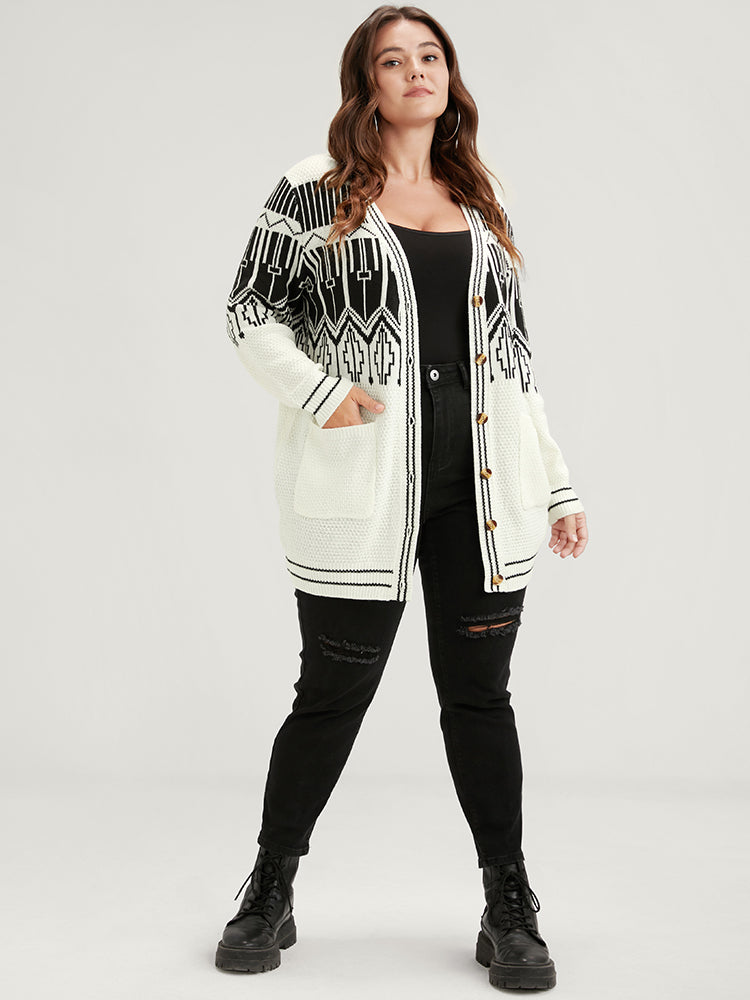 Geometric Knitted Jacquard Contrast Pocket Button Front Cardigan