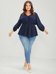 Solid Roll Sleeve Button Down Drawstring Blouse