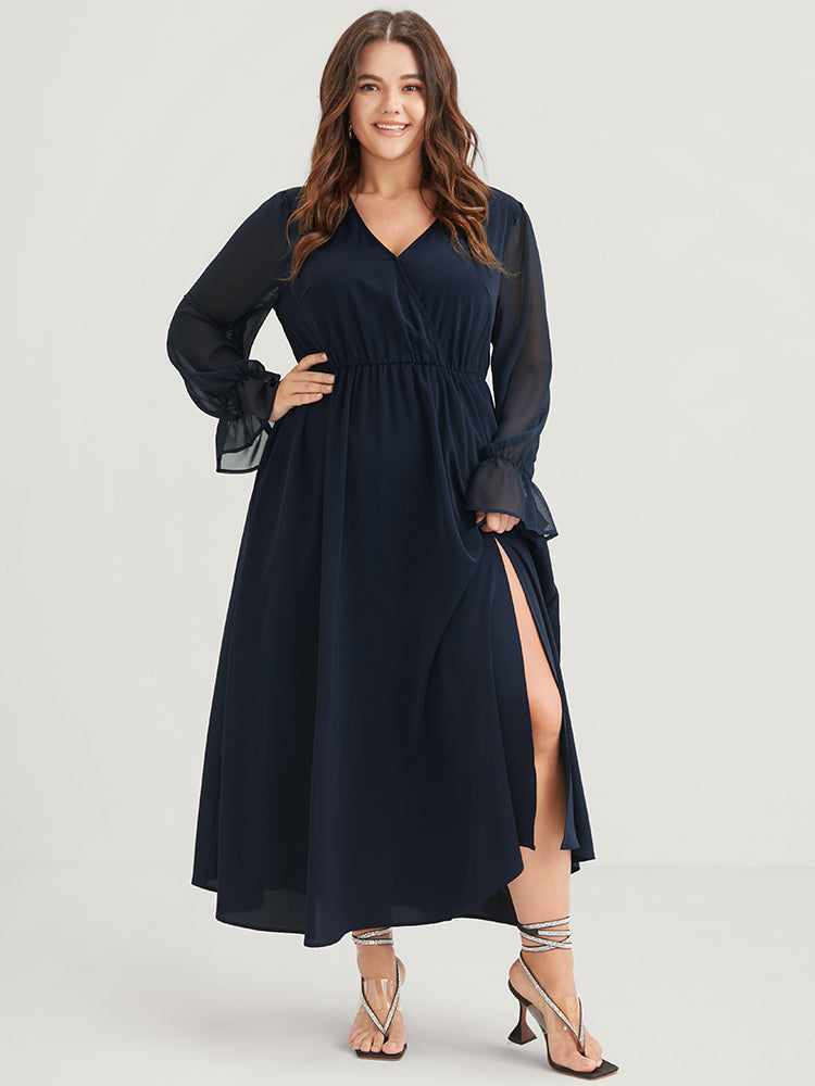 Solid Button Split Pocket Wrap Lantern Sleeve Ruffles Hem Dress