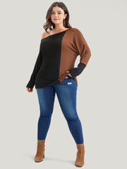 Colorblock Contrast Waffle Knit  One Shoulder Long Tee