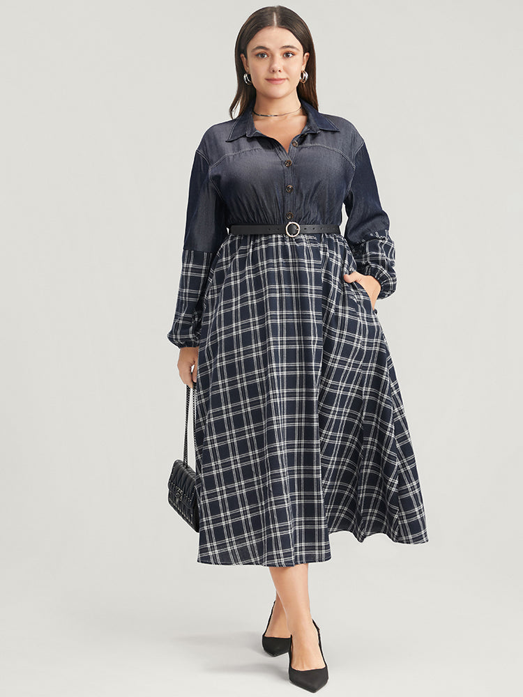 Gingham Patchwork Button Pocket Shirt Collar Dress Without Belt