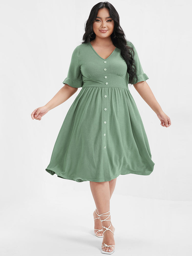 Solid Shirred Ruffles Button V Neck Midi Dress