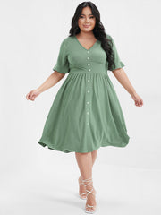 Solid Shirred Ruffles Button V Neck Midi Dress