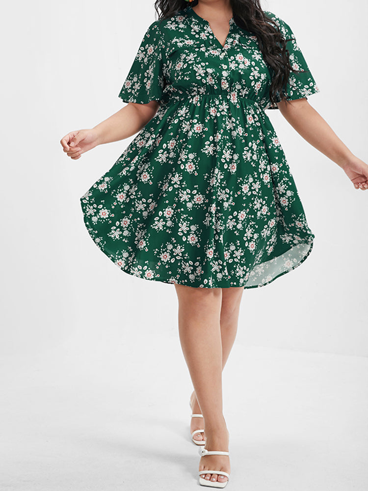 Floral Pocket Ruffled V Neck Short Dress