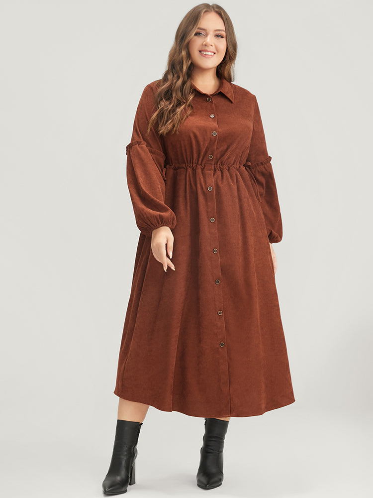 Solid Drawstring Pocket Button Detail Shirt Collar Corduroy Dress