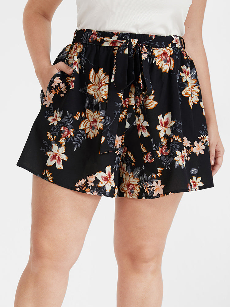 Floral Belted Pocket Elastic Waist  Shorts