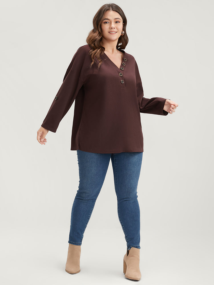 Solid Cuffed Sleeve Split Hem Long Tee