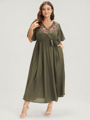 Solid Pocket Knotted  Embroidered Ruffles Hem Wrap Dress