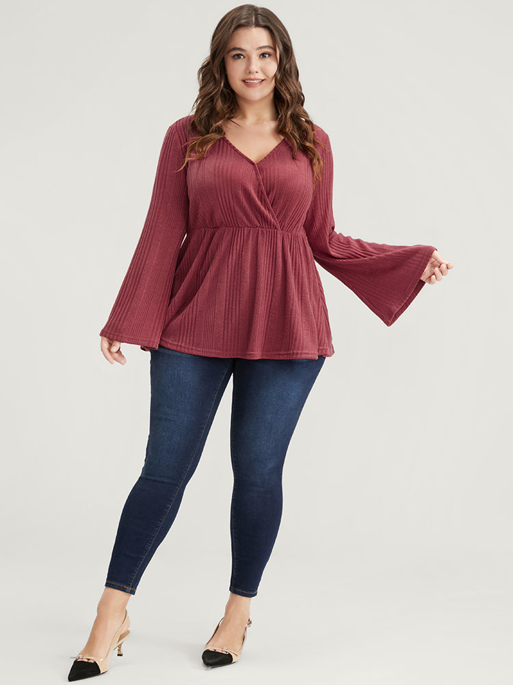 Solid Rib Knit Bell Sleeve Surplice Neck Long Tee