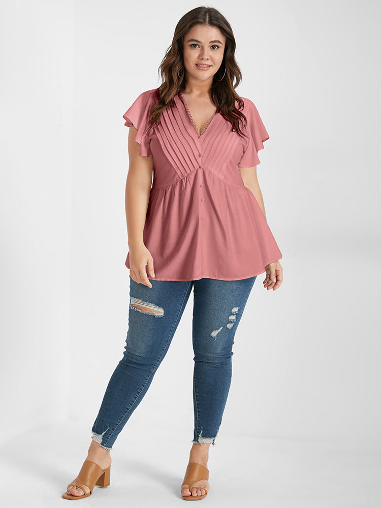 Solid Pleated Ruffled Button Lace V Neck Blouse