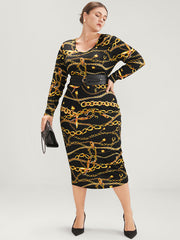 Chain Print Round Neck Bodycon Midi Dress