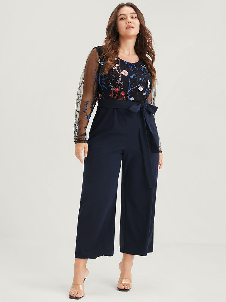Solid Pocket Embroidered Mesh Sleeve Knotted Jumpsuit