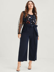 Solid Pocket Embroidered Mesh Sleeve Knotted Jumpsuit