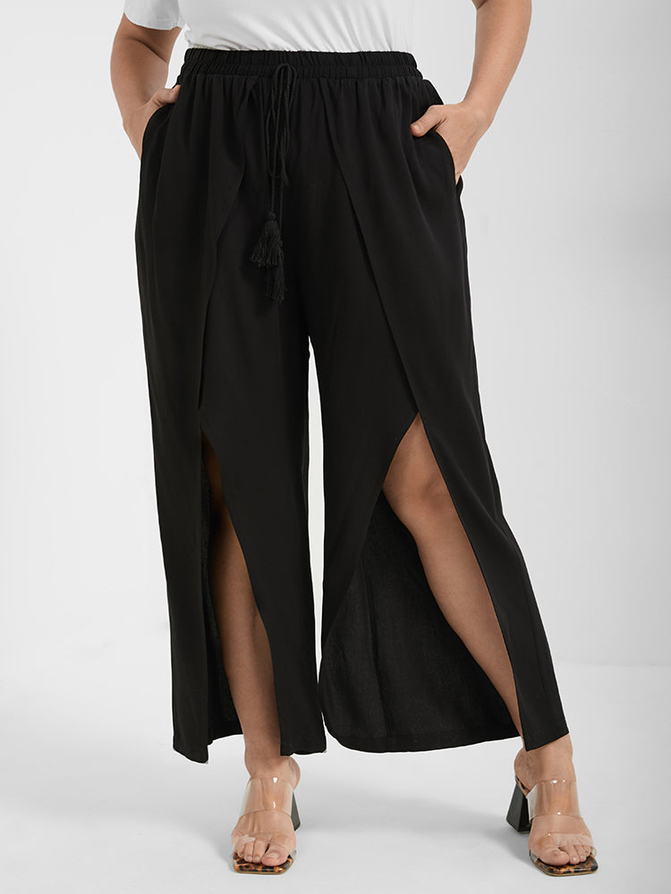 Solid Wrap Split Pocket Knot Waist Pants