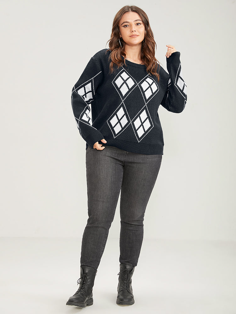 Geometric Contrast Pointelle Knit Round Neck Knit Top