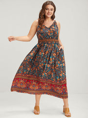 Floral Gathered Button Pocket Cami Maxi Dress