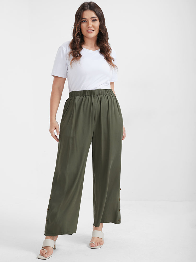Solid Button Elastic Waist Pocket Loose Pants