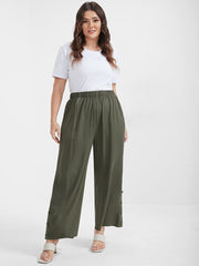 Solid Button Elastic Waist Pocket Loose Pants