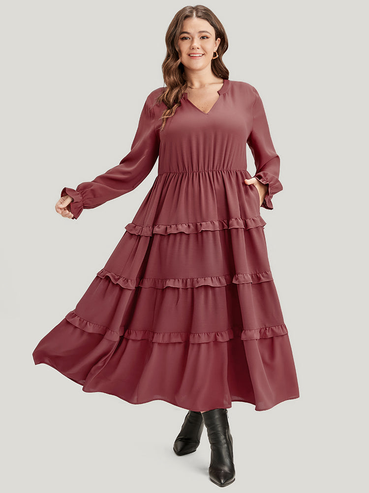 Solid Lantern Sleeve Pocket Ruffle Hem Dress