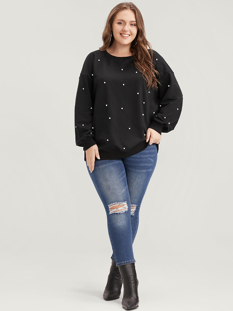 Solid Pearl Beaded Drop Shoulder Sweatshirt