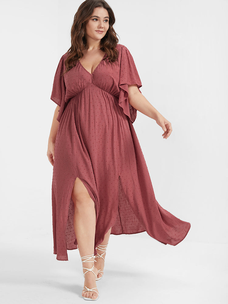 Solid V Neck Ruffles Split Embroidered Maxi Dress