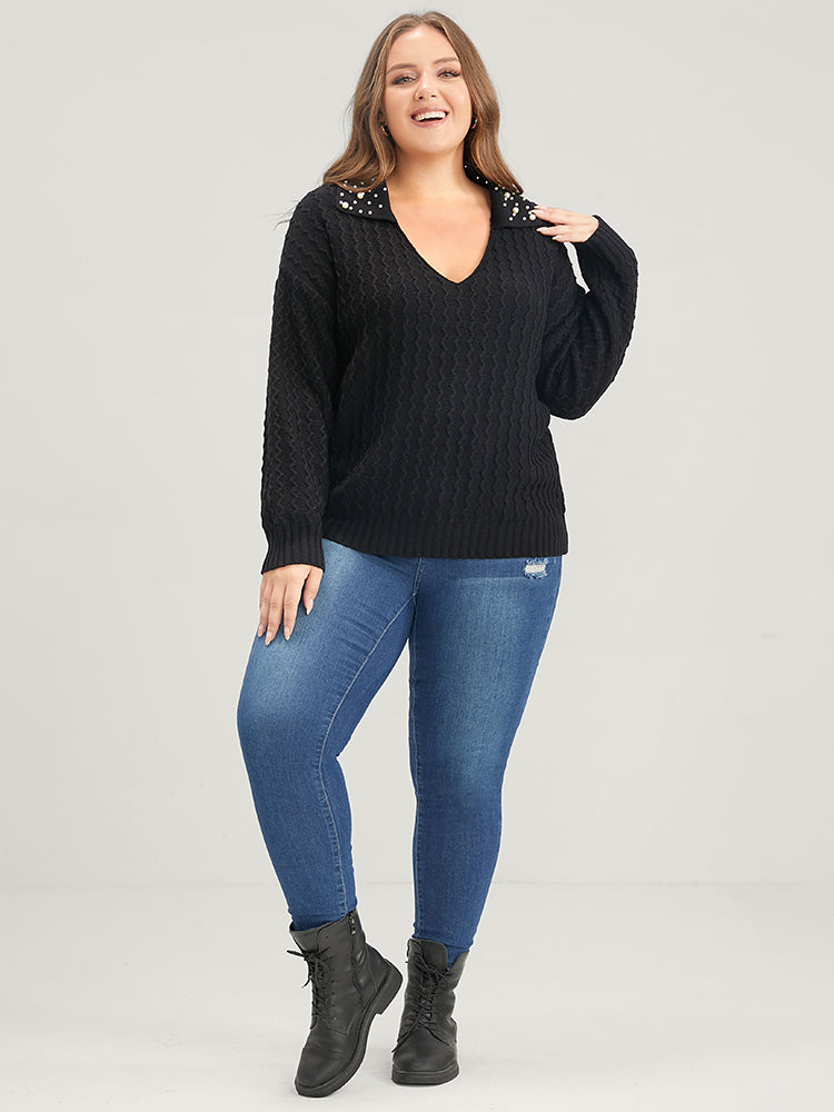 Solid Pointelle Knit Pearls Beaded Collar Neck Knit Top