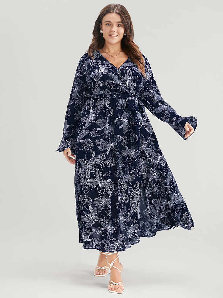 Floral Print Belted Pocket Split Hem Wrap Dress