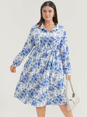Floral Button Up Pocket Belted Lapel Collar Dress