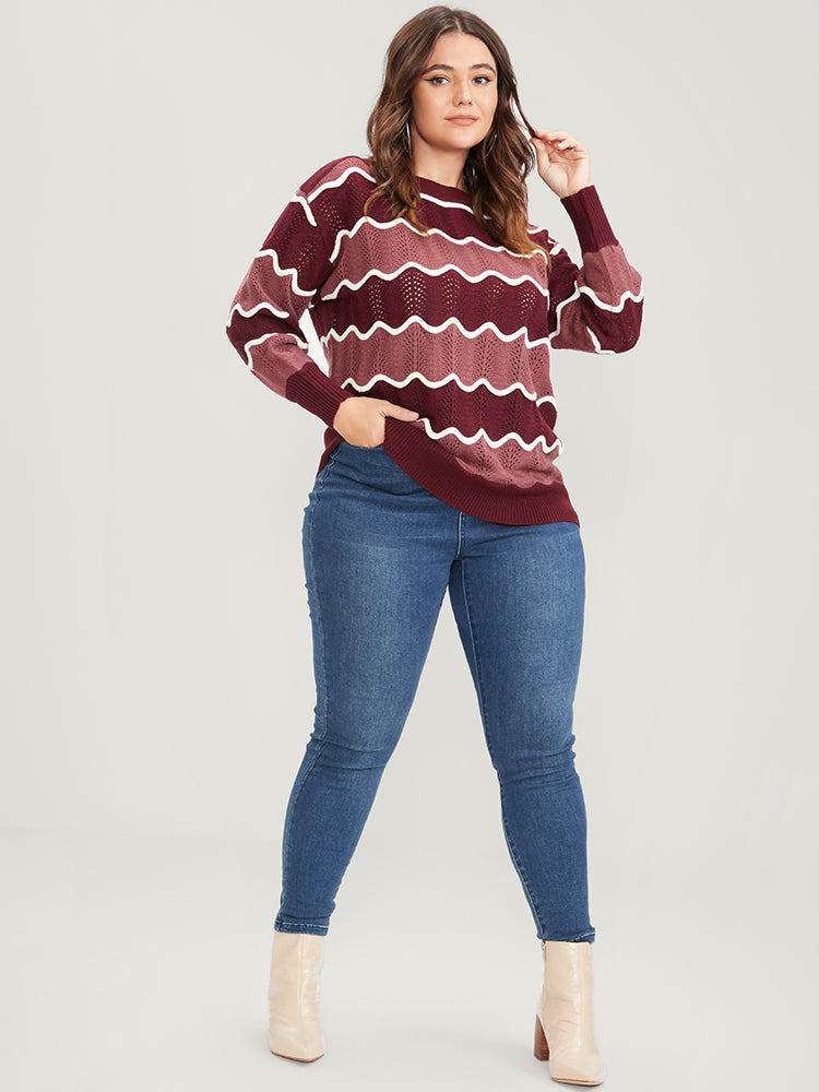 Colorblock Contrast Pointelle Knit Water Ripple Knit Top