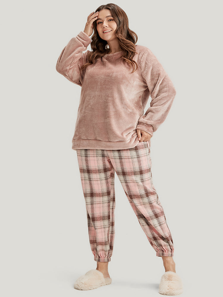 Solid Flannel Round Neck Plaid Pajama Set