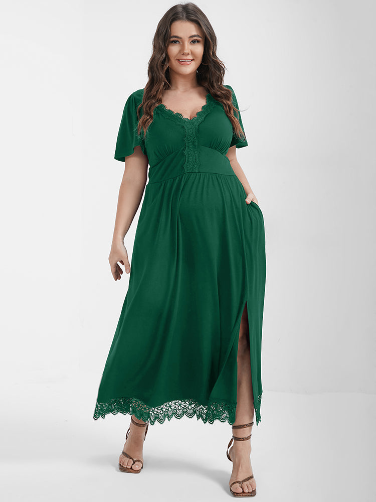 Solid Pocket Contrast Lace Split Maxi Dress