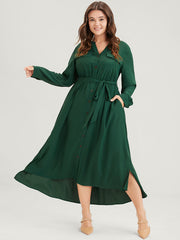 Solid V Neck Pocket Button Asymmetrical Flutter Hem Belted Dress