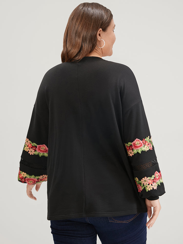 Solid Floral Embroidered Contrast Lace Sweatshirt