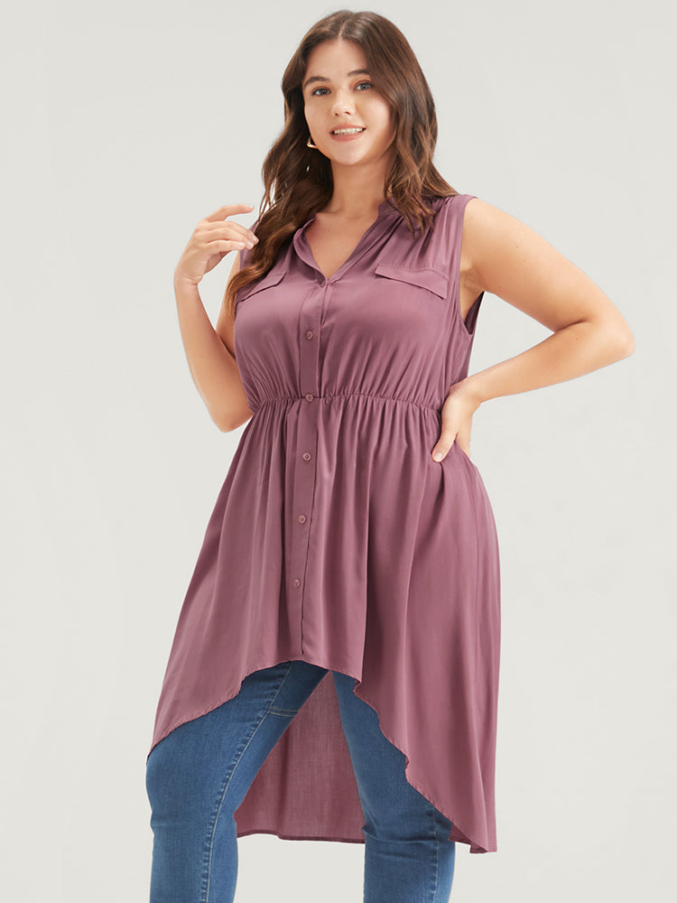 Solid Gathered Button High Low Hem Fake Pocket Tank Top