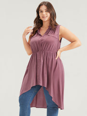 Solid Gathered Button High Low Hem Fake Pocket Tank Top