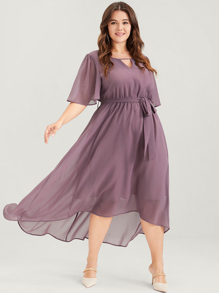 Solid Keyhole Neck Ruffle Asymmetrical Hem Belted Maxi Dress