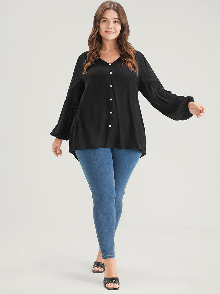 Solid  Button Lantern Sleeve Polka Dot Blouse