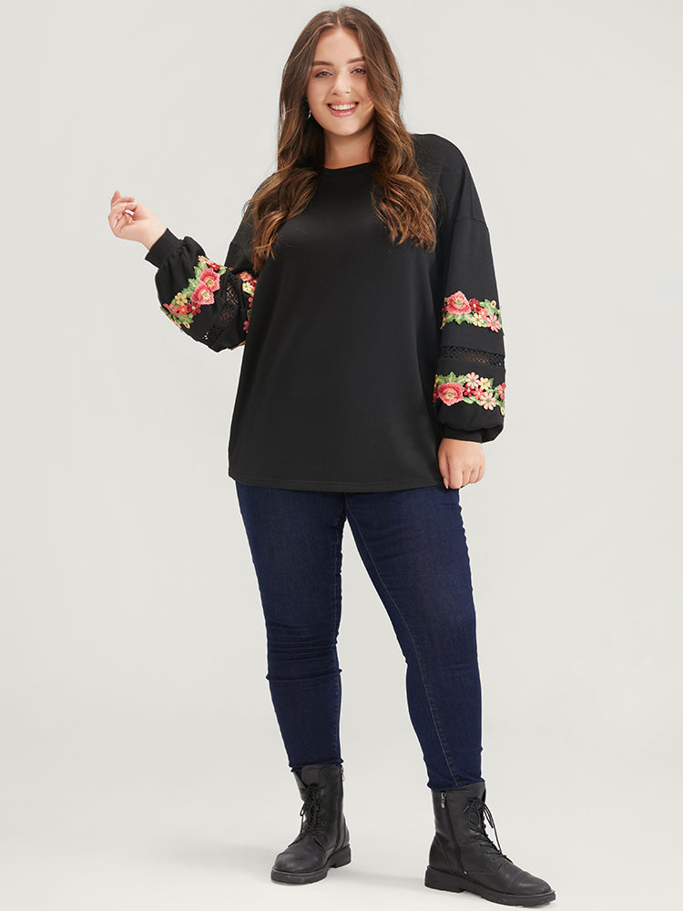 Solid Floral Embroidered Contrast Lace Sweatshirt