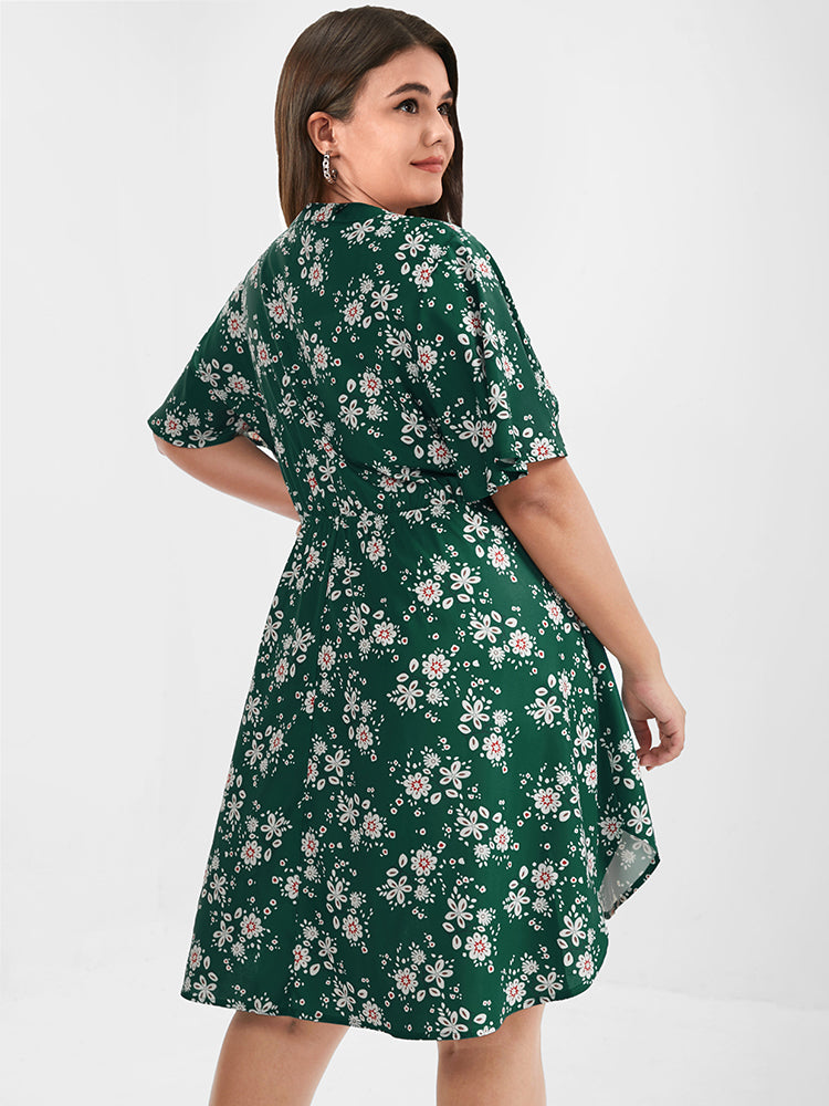 Floral Pocket Ruffled V Neck Short Dress