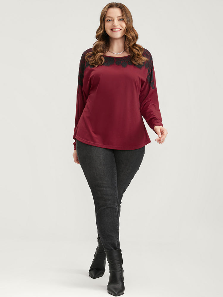 Solid Round Neck Contrast Lace Long Tee