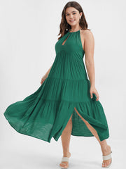 Solid Flutter Split Keyhole Ties Halter Neck Midi Dress